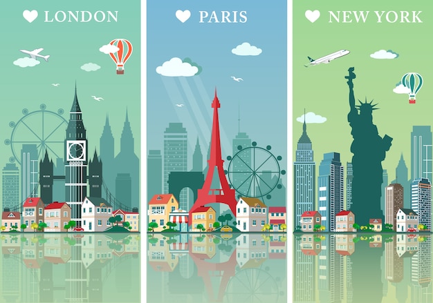 Premium Vector Cities Skylines Set Landscapes Illustration London Paris And New York Silhouettes With Landmarks