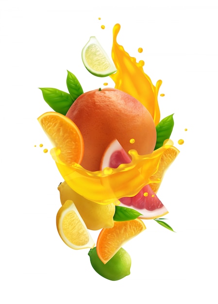 free vector citrus juice colored composition with realistic fresh fruits and splash of juice on white background citrus juice colored composition with