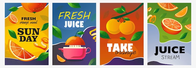 柑橘系のポスターセット 果物全体とカット オレンジの木の枝のベクトルイラストとテキスト 新鮮なバーのチラシやパンフレットのデザインのための食べ物や飲み物のコンセプト 無料のベクター