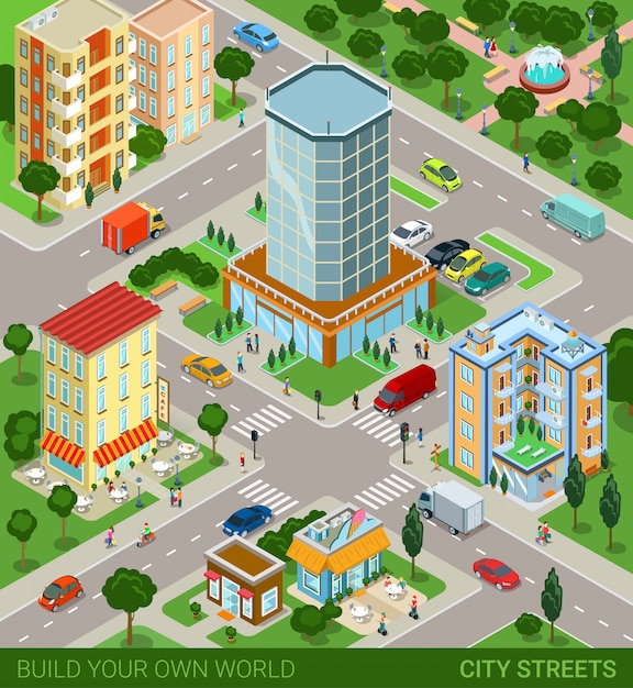 City block streets transport inhabitants vector illustration. Vector