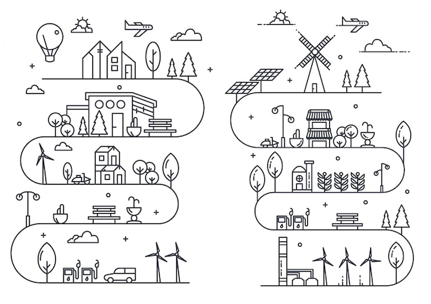 City life illustration with thin line style Premium Vector