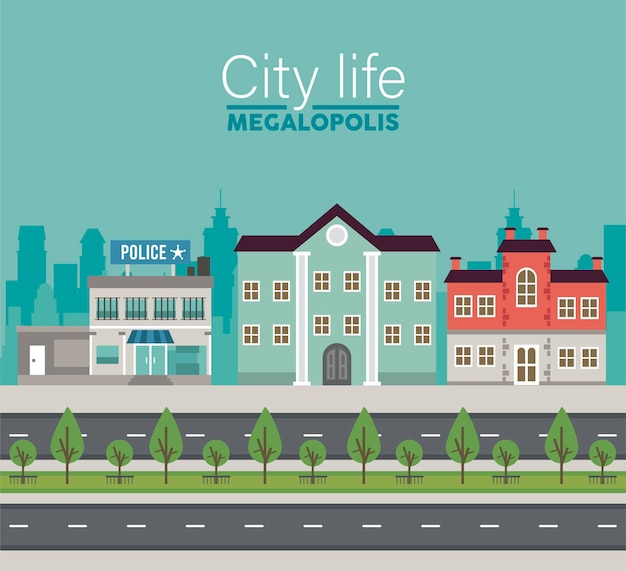 警察署と建物のイラストと街並みのシーンで都市生活メガロポリスのレタリング プレミアムベクター