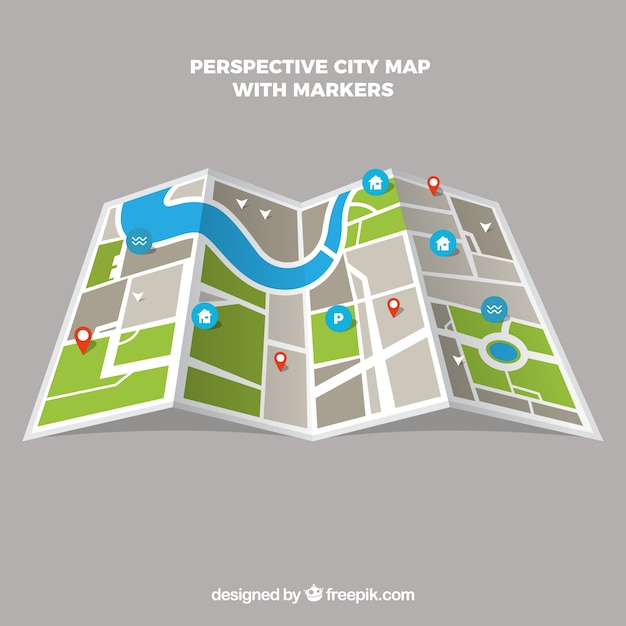 City Map In Perspective With Markers Free Vector