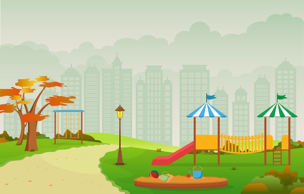 Premium Vector | City park in fall autumn with kid playground playing ...