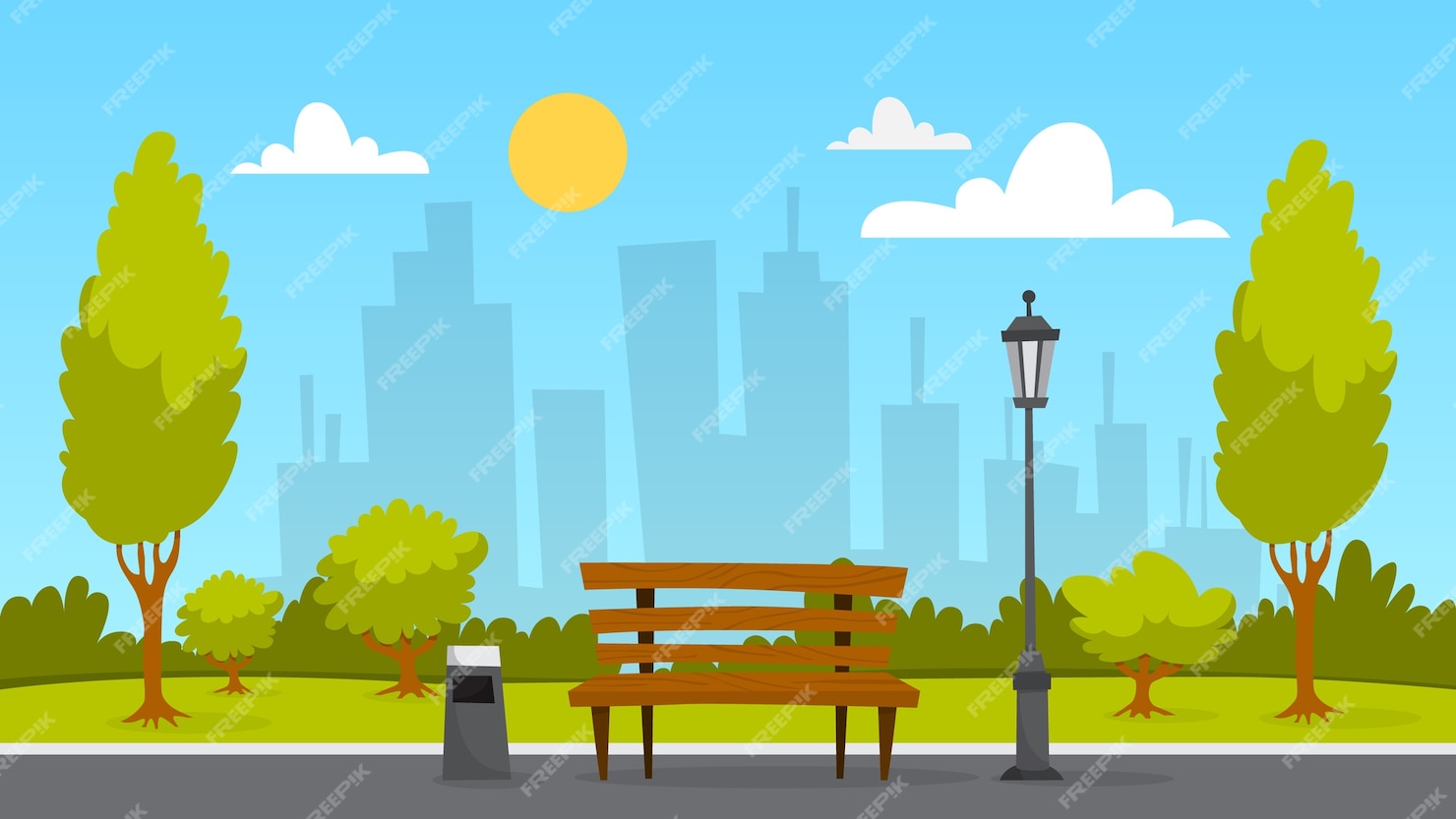 Premium Vector | City park landscape. green grass, bench and trees