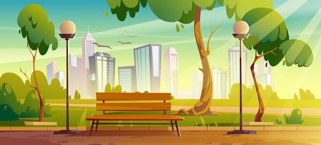 Free Vector | City park with green trees and grass, wooden bench ...
