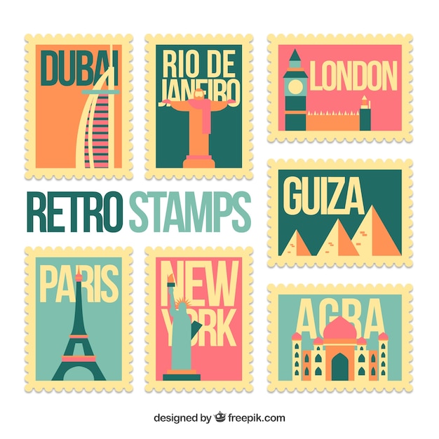 City stamps collection in flat style | Free Vector