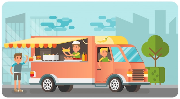 Premium Vector | City street scene with food truck and customer buying meal