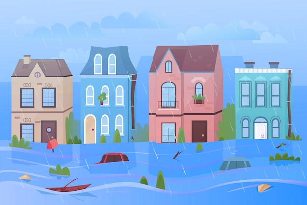 雨と自然災害の洪水漫画イラストパノラマの下の街 家 重い雲 水泳車 木 標識の背景 人 動物 都市への被害 プレミアムベクター