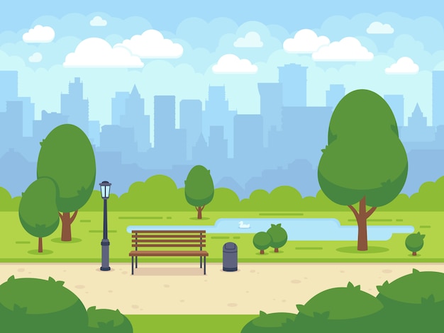 Premium Vector | City summer park with green trees bench, walkway and ...