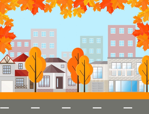 City town street view, buildings in autumn season. vector mapple leaves background Premium Vector