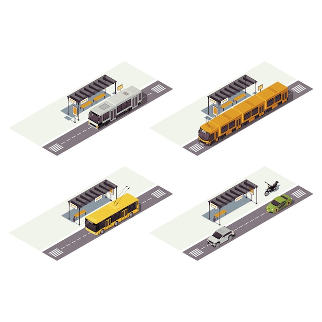 都市輸送等尺性カラーイラスト 公共都市交通のインフォグラフィック バス停 トラム トロリーバス 車 オートバイ 白い背景で隔離の自動3 Dコンセプト プレミアムベクター