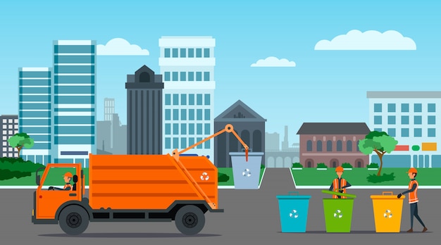 ごみ収集車イラストと都市廃棄物のリサイクル プレミアムベクター