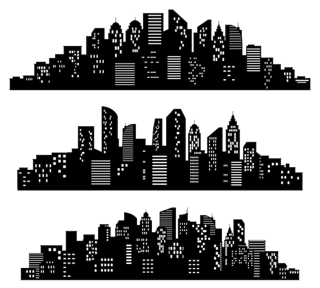 街並みのシルエット 都市の建物 夜の町と水平都市パノラマシルエットベクトルセット 建物 高層ビルのある地区またはダウンタウンの黒い影 モノクロのパノラマビュー プレミアムベクター