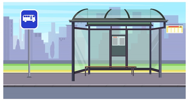 空のバス停とサインイラストの街並み 無料のベクター