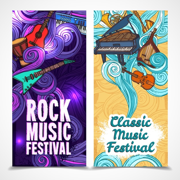 Classic and rock music festival vertical banners set with instruments ...