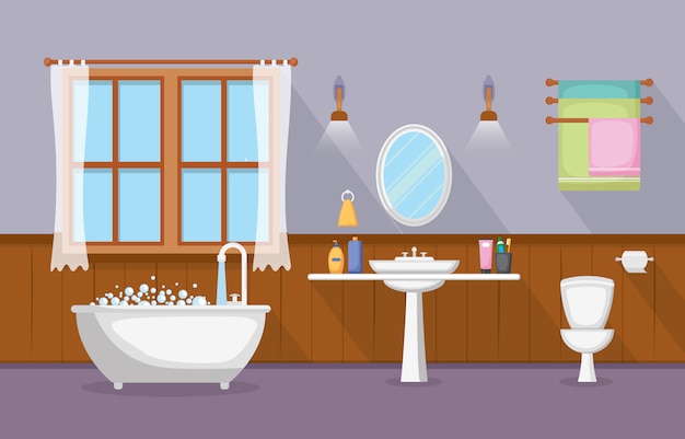 Classic bathroom interior clean room wooden accent furniture flat design Premium Vector