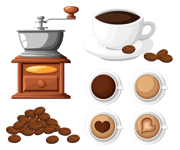 一連のコーヒー豆手動コーヒーミルと白い背景の上のコーヒーカップのイラストのカップを持つ古典的なコーヒーグラインダー プレミアムベクター