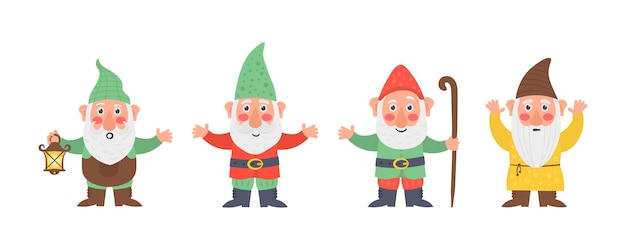 Premium Vector | Classic garden gnomes in colorful outfits different ...