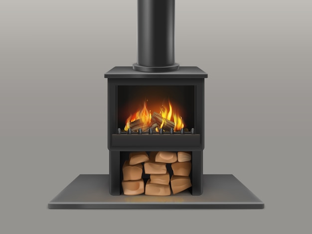 Classic Open Fireplace With Black Chimney Pipe Dry Wood Chunks