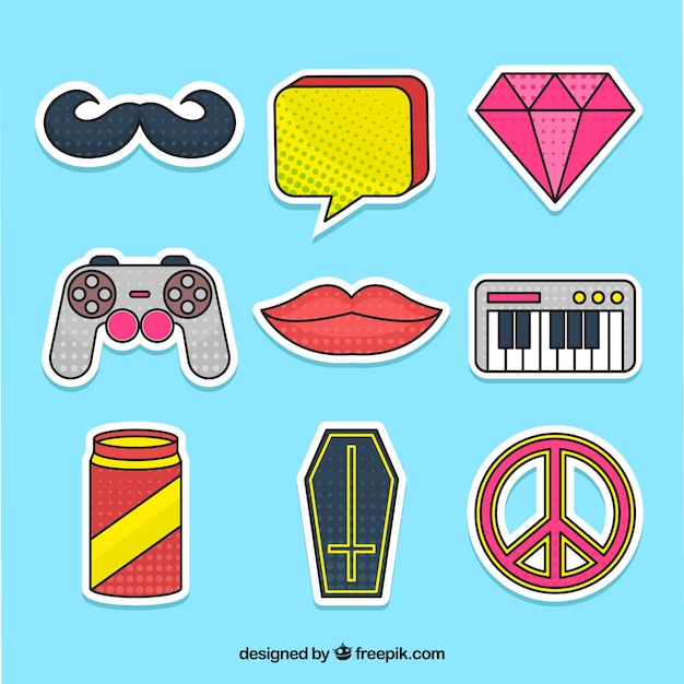 Classic pack of pop art stickers | Free Vector