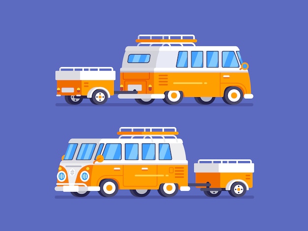 Classic retro van with camper in flat style illustration Premium Vector