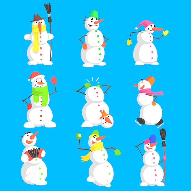 Premium Vector | Classic snowmen made of three snowballs character set