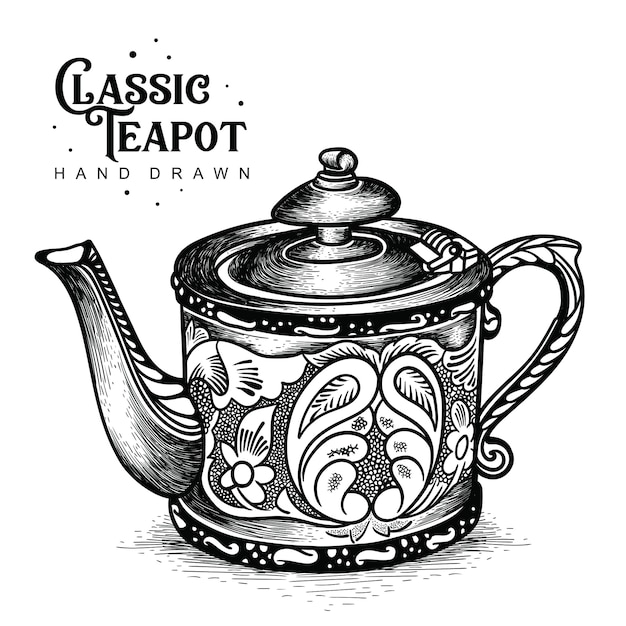 Classic teapot with carving style Premium Vector