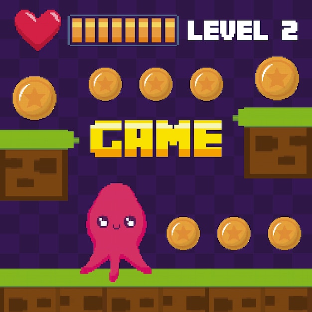 Classic video game scene with octopus mutant character Premium Vector