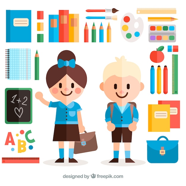 Classmates surrounded by school materias with flat design Free Vector