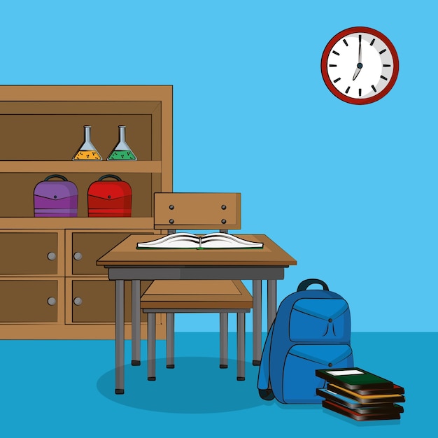 Premium Vector | Classroom interior with supplies cartoon scenery ...