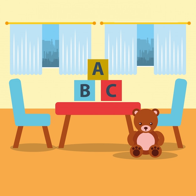Classroom kinder table chair bear teddy blocks and window Premium Vector