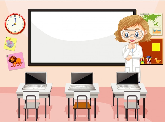 Classroom scene with science teacher and computers Free Vector