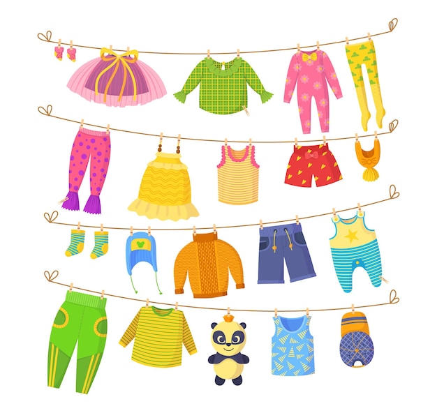 Premium Vector | Clean child small clothes, cloth rope, kids dry ...