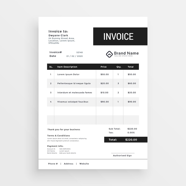 Clean invoice template with blue & white design layout 