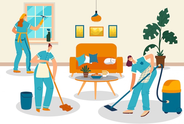 Premium Vector | Cleaning service people, smiling women cartoon ...