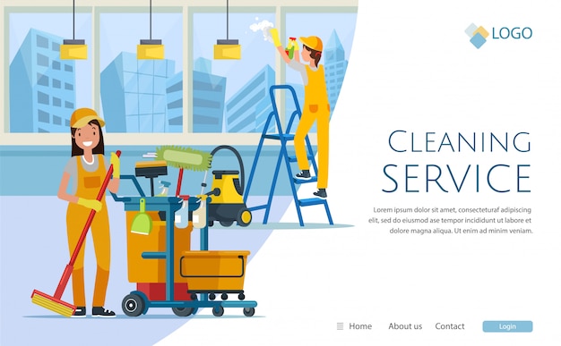 Cleaning service with workers website design, | Premium Vector