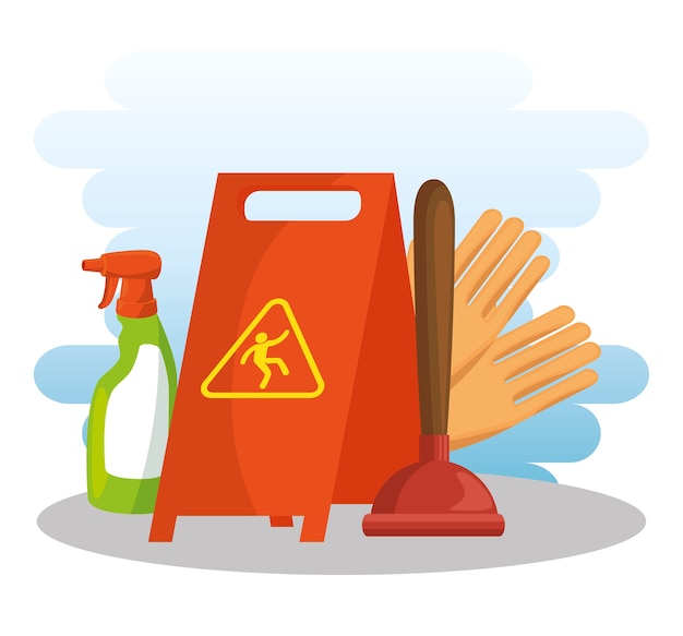 Cleaning supplies with caution sign spray gloves | Premium Vector