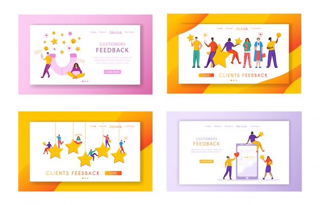 Client feedback landing page set - tiny people and giant rating stars, gadgets, web banner with copy