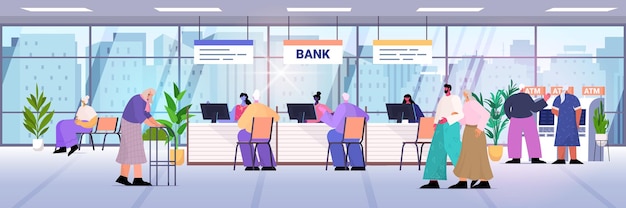 Clients and consultants in modern bank assistants offering banking products to customers banking con