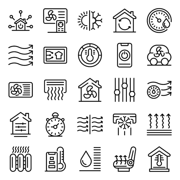 Climate control systems icons set, outline style Premium Vector