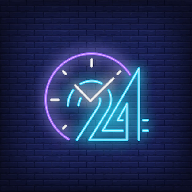 Clock and twenty four hours neon sign | Free Vector