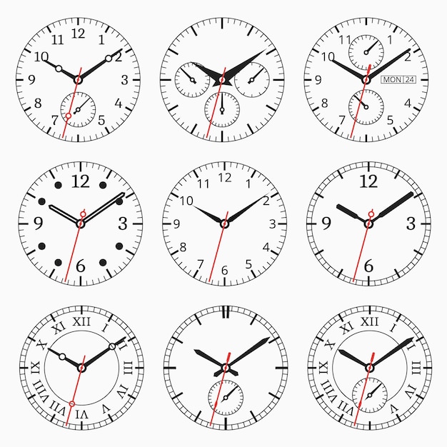 時計コレクション 秒矢印付きの文字盤のセット 無料のベクター