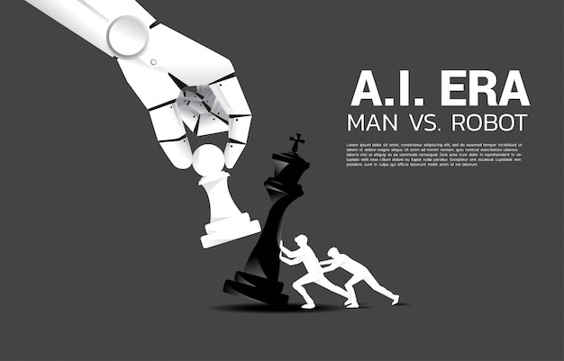 Close up of robot hand try to checkmate chess game of human. concept of a.i. disruption and man v.s. machine learning Premium Vector