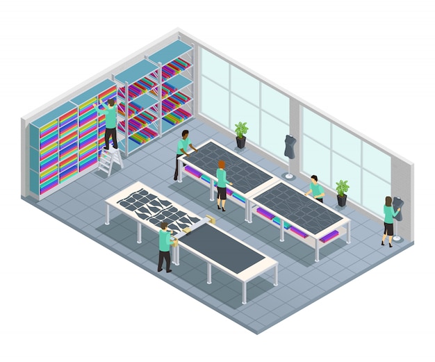 Clothes factory isometric composition with workflow for clothing company in shop at the factory vect Free Vector