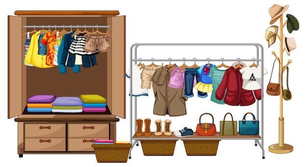 Free Vector | Clothes hanging in wardrobe with accessories and clothes ...