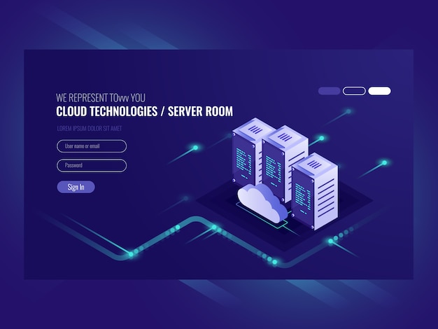 Cloud data center, server room icon,
information request processing