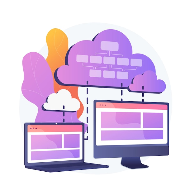 Cloud information storage. collocated cloud computing. data synchronization and harmonization. available, accesssible, digital. connected backup. vector isolated concept metaphor illustration Free Vector
