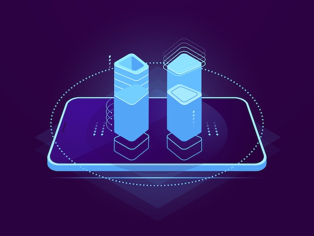 Cloud server hosting, mobile interface, holographic control element, cloud storage, database remote Free Vector