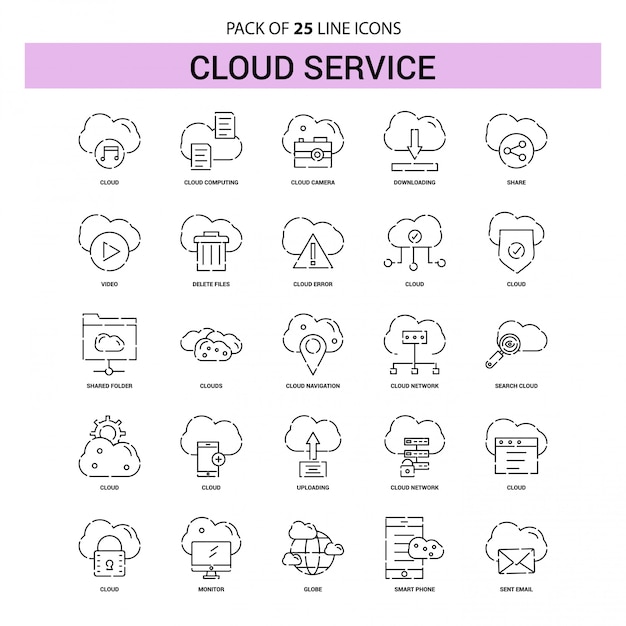 Cloud service line icon set - 25 dashed outline style Premium Vector